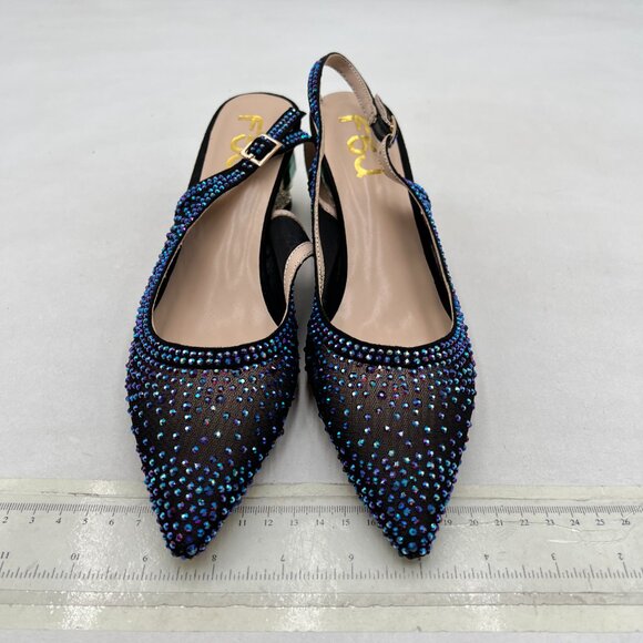 FSJ Dark Purple Pointed Toe Slingback Wedding Chunky Low Heel Rhinestone Pumps - Picture 3 of 8